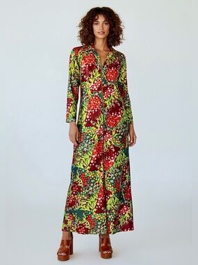 Silky PSYCHEDELIC Burgundy and Green 1970s Kaftan Dress / S M L